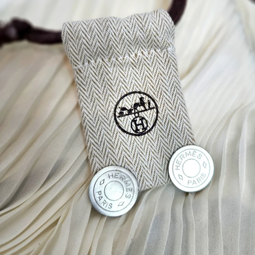 Hermes Vintage Clou de Selle Button Clip Earrings Matte Silver